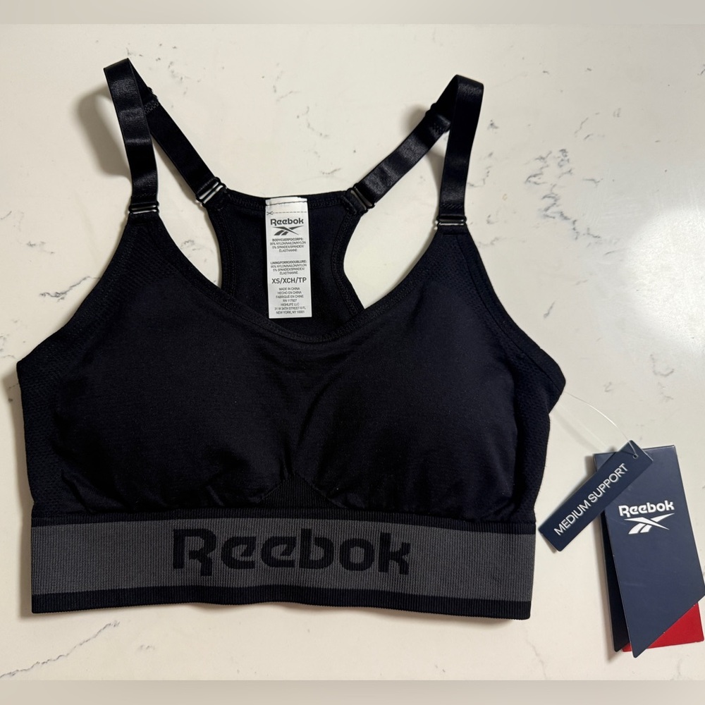 NWT Reebok Black Activewear Top Spectator Seamless Strappy Bra XS padded